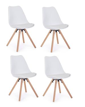 Set 4 scaune din plastic cu sezut tapitat cu piele ecologica si picioare din lemn, New Trend Alb / Natural, l54xA49xH8 