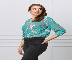 Bluza Delia verde cu imprimeuri roz