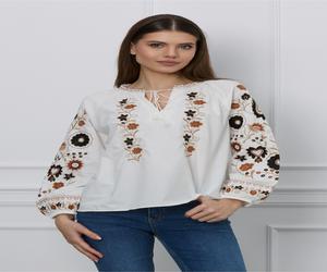 Bluza Simina alba cu broderie florala maro cu negru