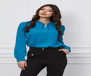 Bluza Dy Fashion turcoaz cu volanase la maneci si guler