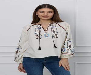 Bluza Simina ivory cu broderie florala maro cu albastru