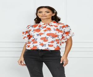 Bluza Dy Fashion alba cu flori rosii si volanase la maneci