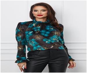 Bluza Dy Fashion neagra din catifea cu imprimeu albastru si guler incretit