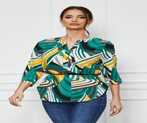 Bluza Vanessa verde cu imprimeu galben si curea in talie