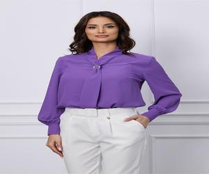 Bluza Dy Fashion mov cu aplicatie tip esarfa si decolteu in V