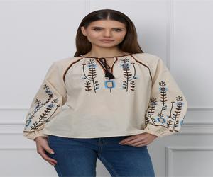 Bluza Simina bej cu broderie florala maro cu albastru