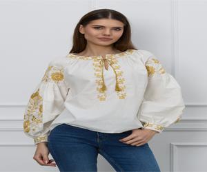 Bluza Iza alba cu broderie galbena