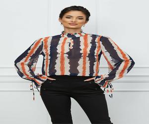 Bluza MBG ivory cu imprimeuri orange si bluemarin