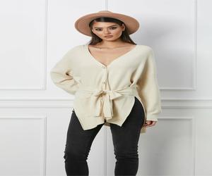 Cardigan Andreea ivory cu buzunare si cordon in talie