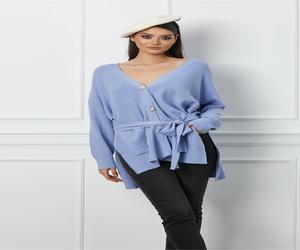 Cardigan Andreea bleu cu buzunare si cordon in talie