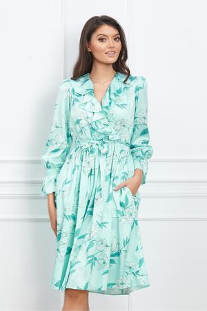 Rochie Dy Fashion bleu cu imprimeuri florale si volane pe bust 