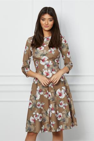 Rochie Dy Fashion maro cu imprimeuri florale albe 