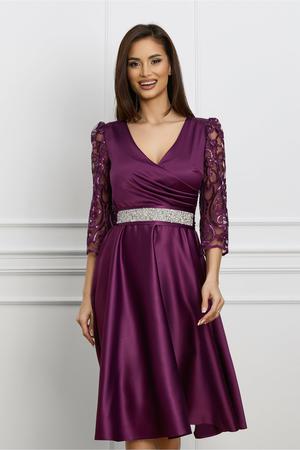 Rochie Ella Collection Adria mov cu dantela si paiete si cordon in talie 