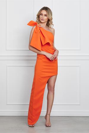 Rochie LaDonna orange cu lungime asimetrica si funda pe umar 