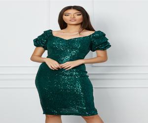 Rochie MBG verde din paiete cu maneci scurte bufante