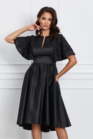 Rochie Dy Fashion neagra din tafta cu maneci din dantela 