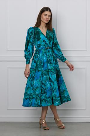 Rochie Dy Fashion albastra cu imprimeu verde si curea in talie 