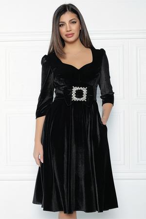 Rochie MBG neagra din catifea cu funda si catarama in talie 