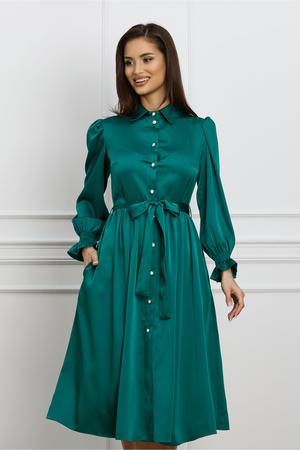 Rochie Dy Fashion verde din satin cu cordon in talie 