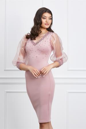 Rochie Laura roz din neopren cu perlute si maneci din organza 