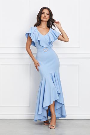 Rochie LaDonna lunga bleu cu volan si cordon in talie 