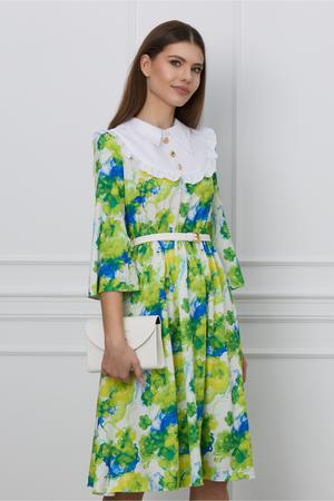 Rochie Dy Fashion clos alba cu imprimeu albastru-verde si curea in talie 