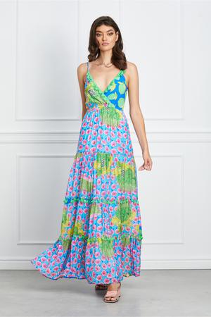 Rochie Dariana bleu cu imprimeuri florale si ciucuri 