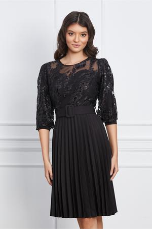 Rochie Veronica neagra cu glitter auriu la bust si curea in talie 