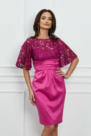 Rochie Dy Fashion magenta din tafta cu dantela florala la bust 