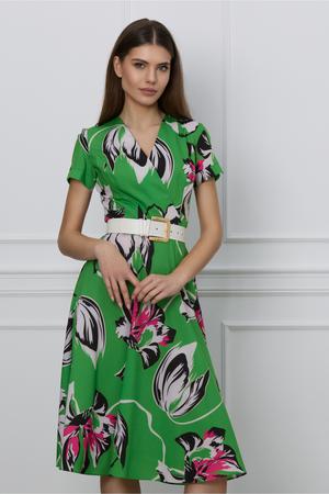 Rochie Mara verde cu flori fucsia si curea in talie 