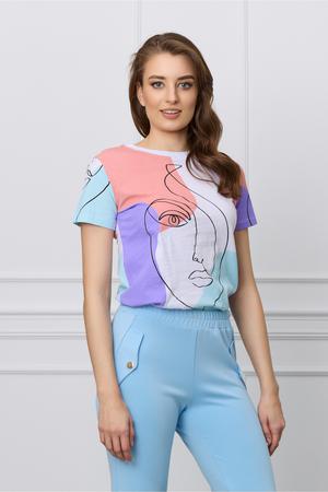 Tricou alb cu imprimeu pastelat si portret 