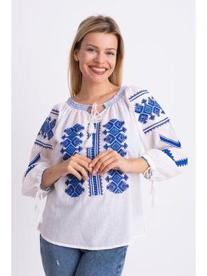 Bluza dama tip ie din bumbac alb cu model traditional albastra 