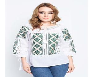 Bluza dama tip ie din bumbac alba cu model traditional verde cu auriu