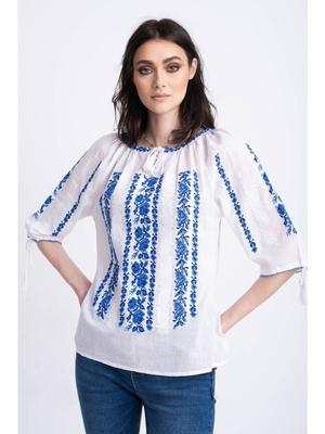 Bluza traditionala din bumbac alb cu broderie inflorata albastra pentru dama 