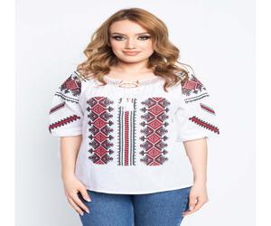 Bluza dama tip ie din bumbac alba cu model traditional rosu