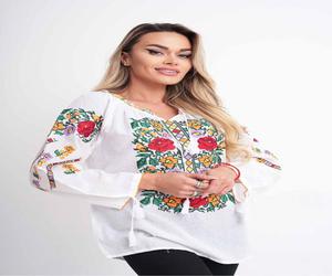 Ie dama din bumbac alb cu model traditional flori multicolore