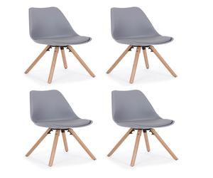 Set 4 scaune din plastic cu sezut tapitat cu piele ecologica si picioare din lemn, New Trend Gri / Natural, l54xA49xH8