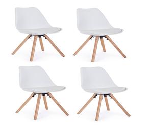 Set 4 scaune din plastic cu sezut tapitat cu piele ecologica si picioare din lemn, New Trend Alb / Natural, l54xA49xH8