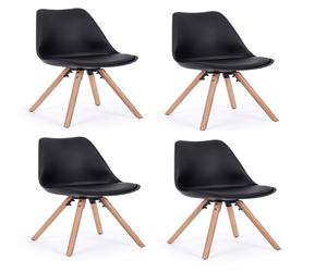 Set 4 scaune din plastic cu sezut tapitat cu piele ecologica si picioare din lemn, New Trend Negru / Natural, l54xA49x