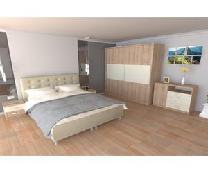 Dormitor Milano Sonoma cu Pat Tapitat Bej 160x200
